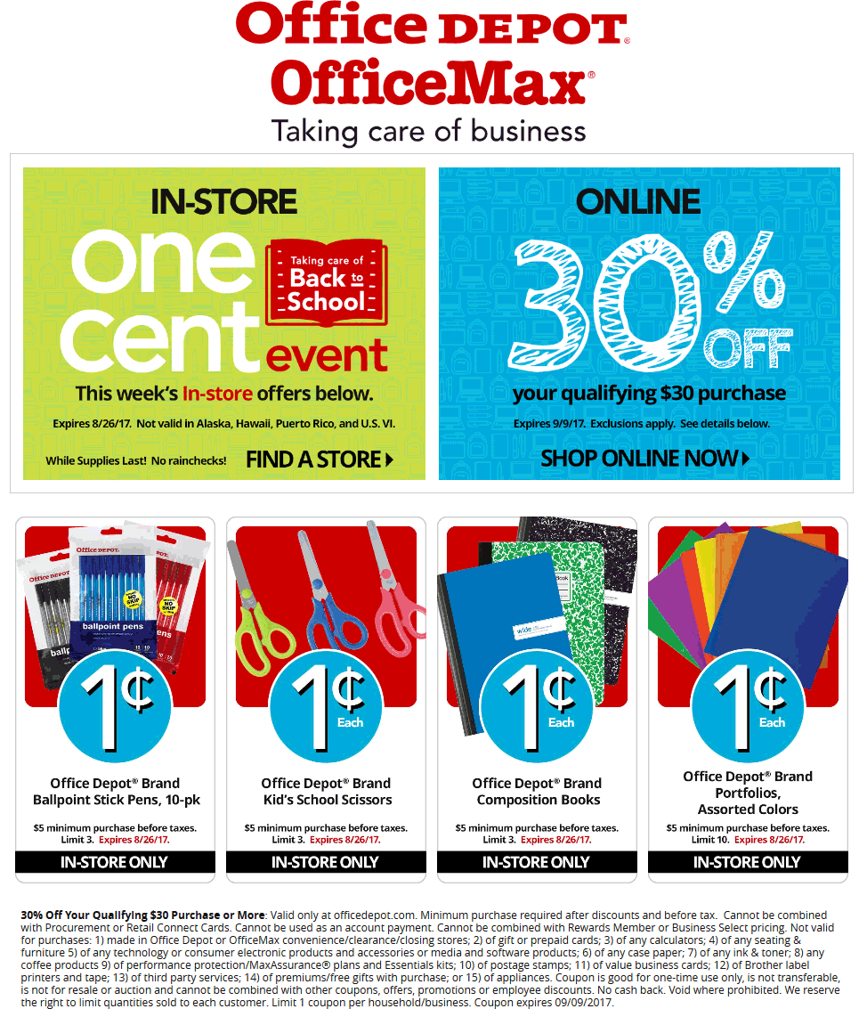 Office Depot Coupon April 2024 Various school supplies for a penny at Office Depot & OfficeMax, or 30% off $30 online via promo code 30592498