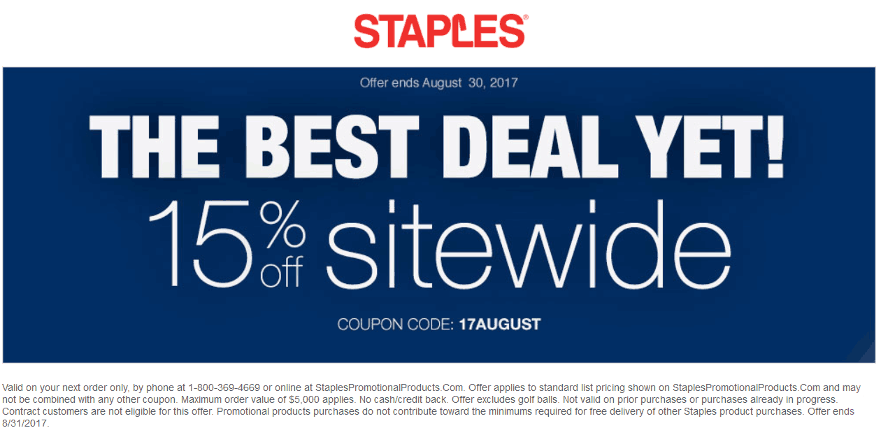 Staples Coupon April 2024 15% off everything online at Staples via promo code 17AUGUST