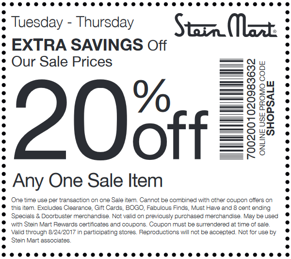 Stein Mart Coupon April 2024 Extra 20% off a single sale item at Stein Mart, or online via promo code SHOPSALE