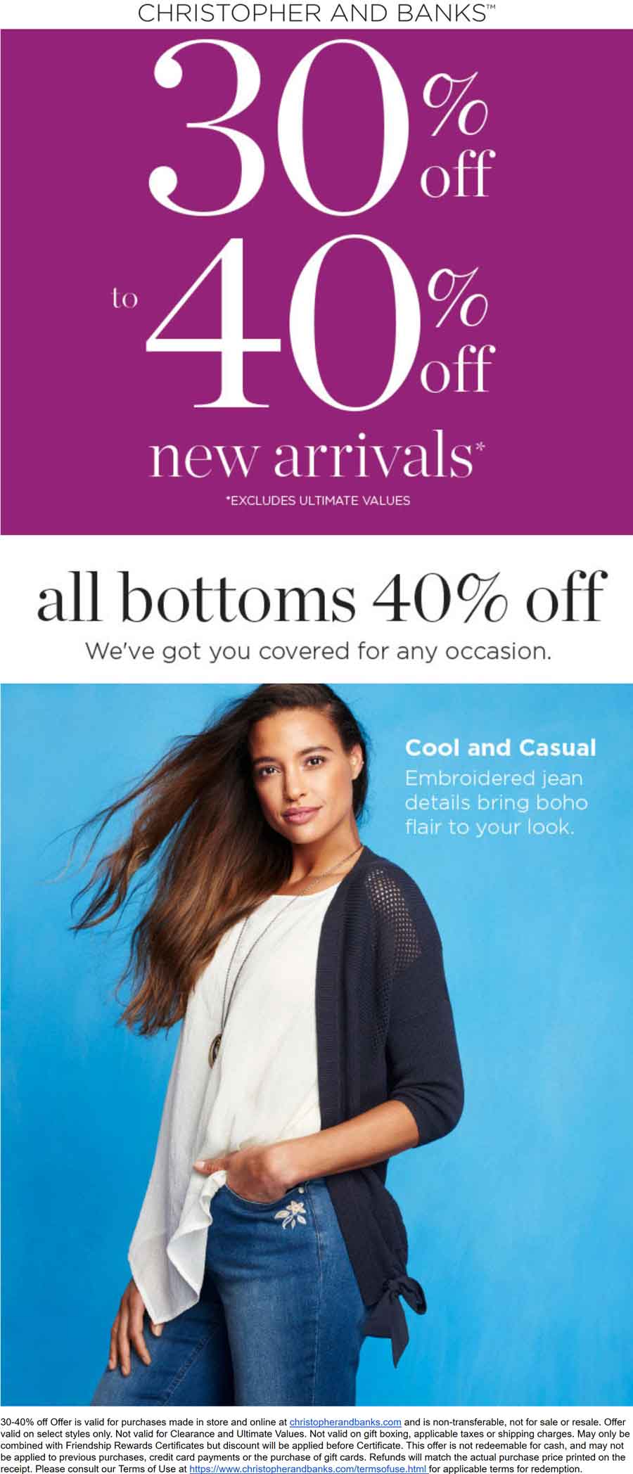Christopher And Banks Coupon April 2024 30-40% off new arrivals at Christopher and Banks, ditto online