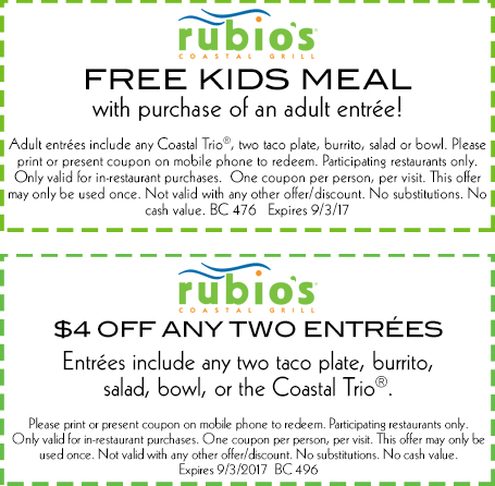 Rubios Coupon April 2024 $4 off & free kids meal at Rubios coastal grill