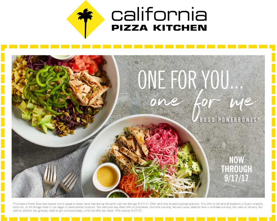 California Pizza Kitchen Coupon March 2024 Second powerbowl free at California Pizza Kitchen