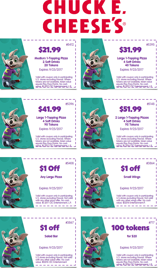 Chuck E. Cheese Coupon May 2024 100 tokens for $20 & more at Chuck E. Cheese pizza