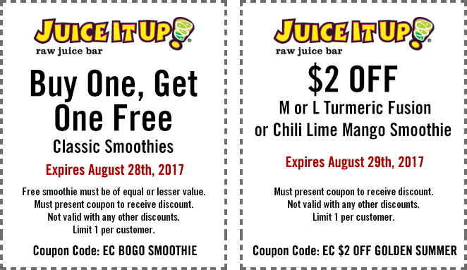 Juice It Up Coupon April 2024 Second smoothie free at Juice It Up