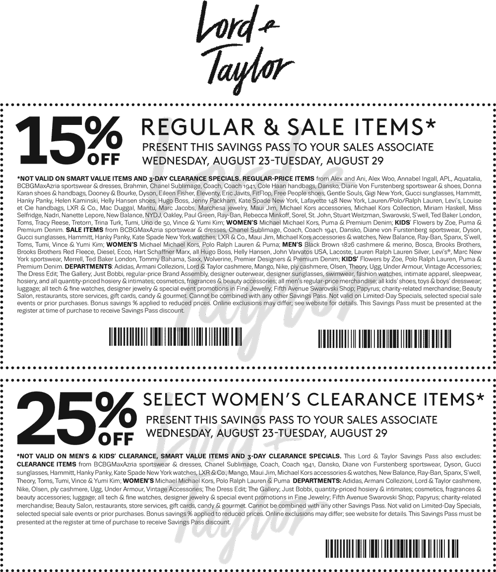 Lord & Taylor Coupon April 2024 15% off & more at Lord & Taylor, or online via promo code FASHION