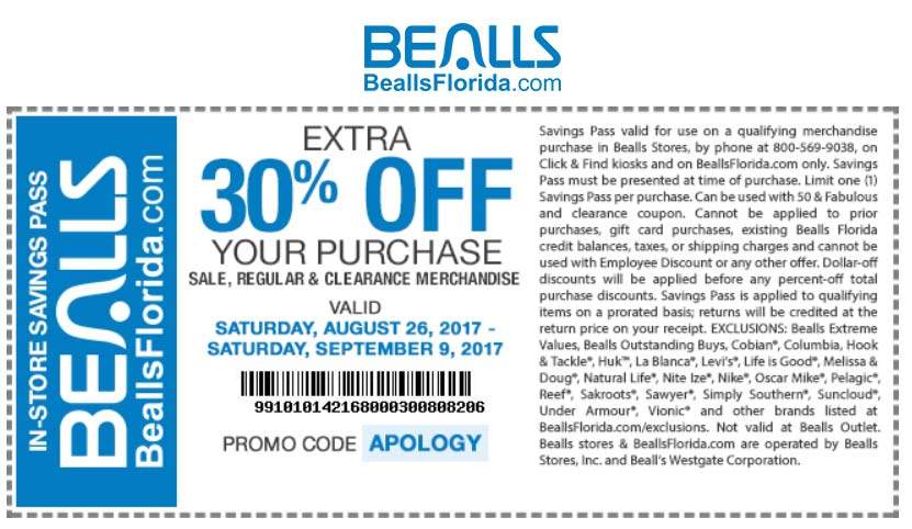 Bealls Coupon April 2024 Extra 30% off at Bealls, or online via promo code APOLOGY
