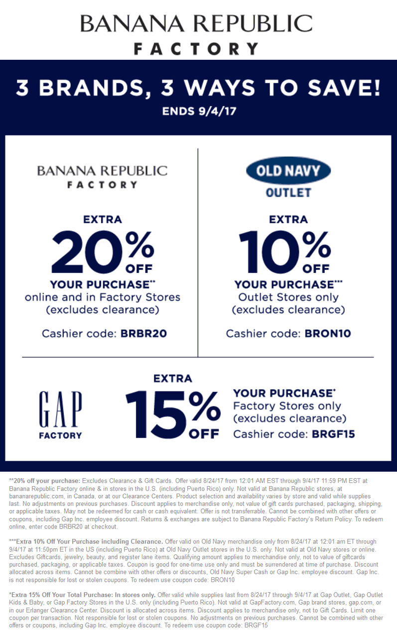 Banana Republic Factory Coupon April 2024 Extra 20% off at Banana Republic Factory, or online via promo code BRBR20
