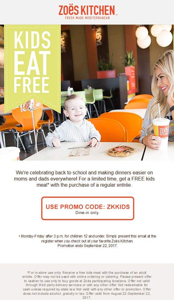 Zoes Kitchen Coupon April 2024 Kids eat free after 3pm at Zoes Kitchen