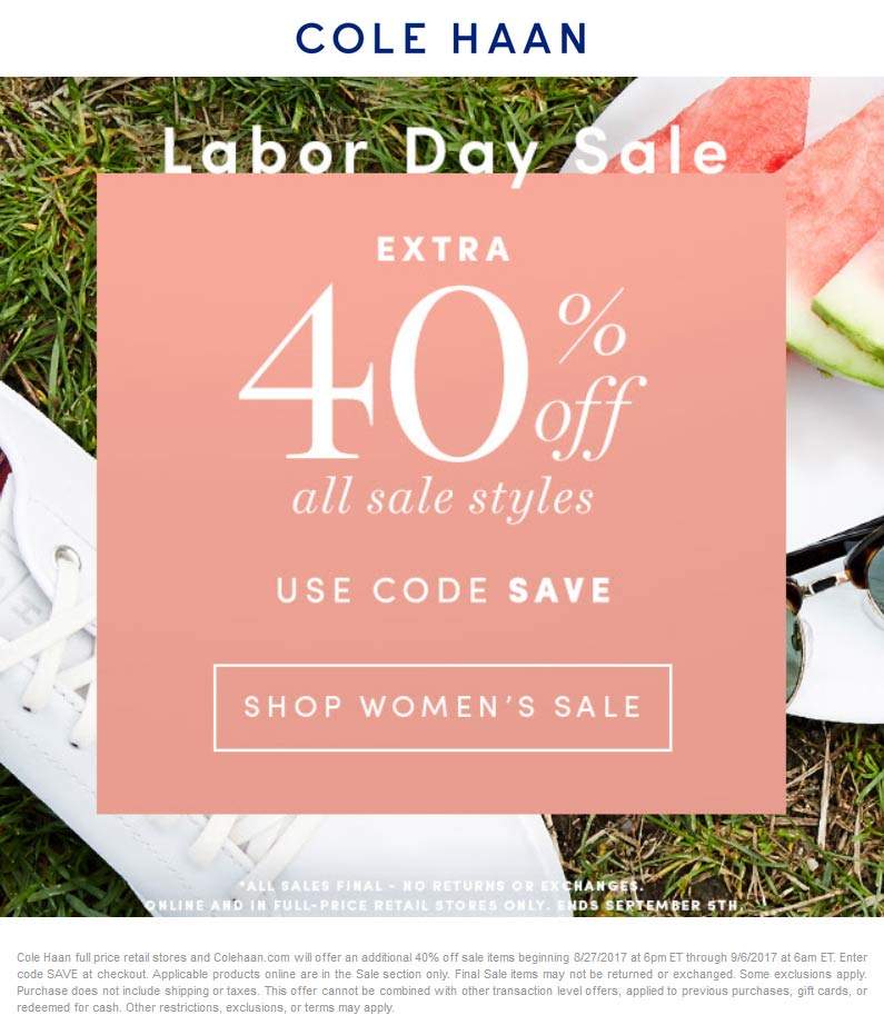 Cole Haan Coupon April 2024 Extra 40% off sale items at Cole Haan, or online via promo code SAVE