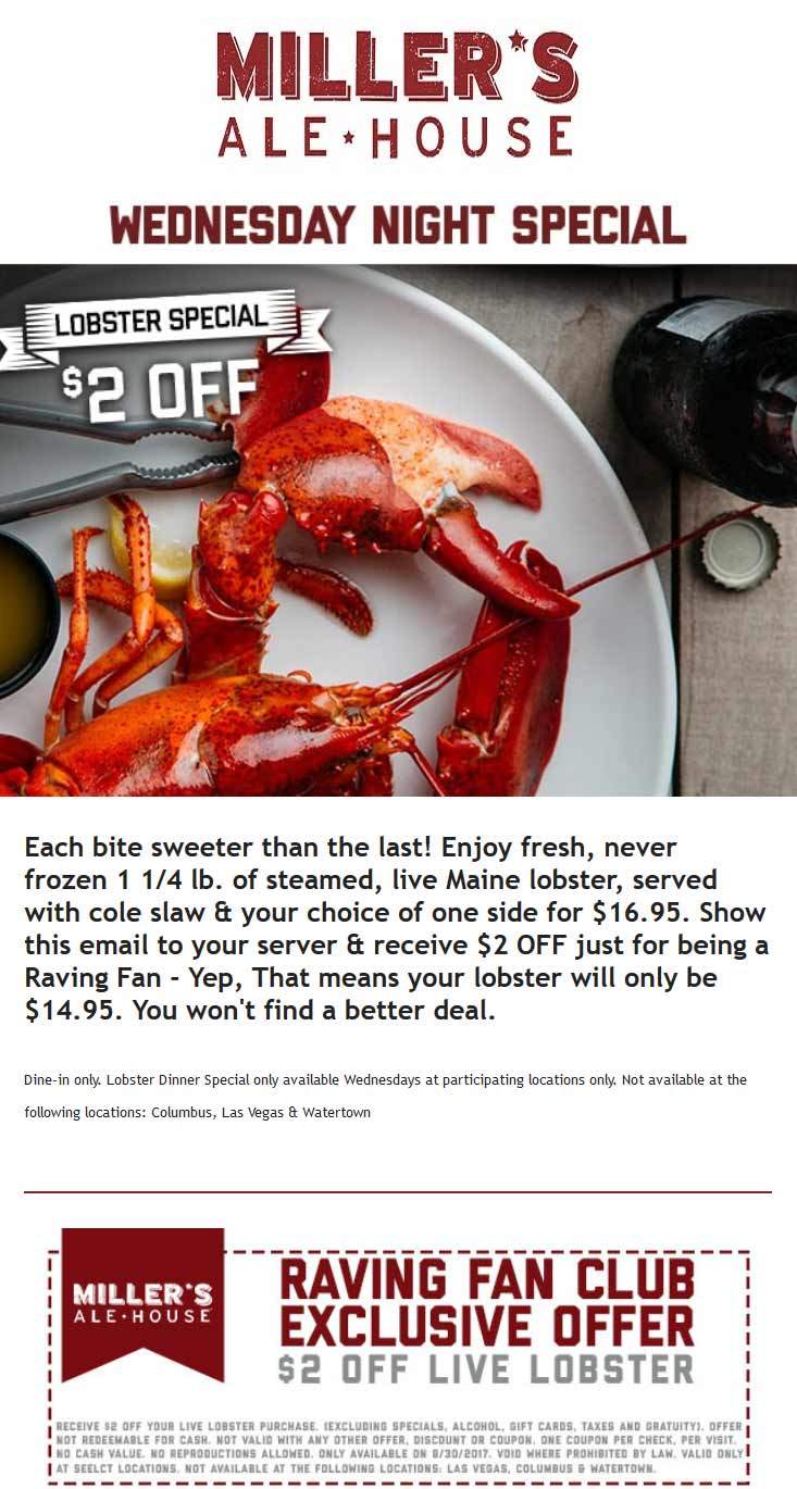 Millers Ale House Coupon April 2024 $2 off lobster today at Millers Ale House