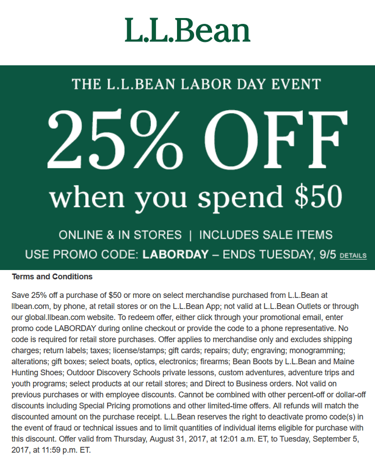 L.L. Bean Coupon April 2024 25% off $50 at L.L. Bean, or online via promo code LABORDAY