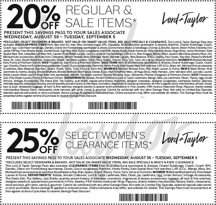 Lord & Taylor Coupon April 2024 Extra 20% off at Lord & Taylor, or online via promo code LABORDAY