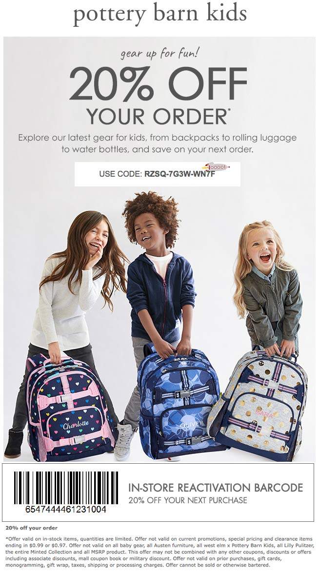 Pottery Barn Kids Coupon April 2024 20% off at Pottery Barn Kids, or online via promo code RZSQ-7G3W-WN7F