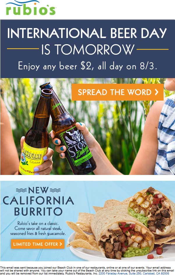 Rubios Coupon April 2024 $2 beer all day Friday at Rubios restaurants