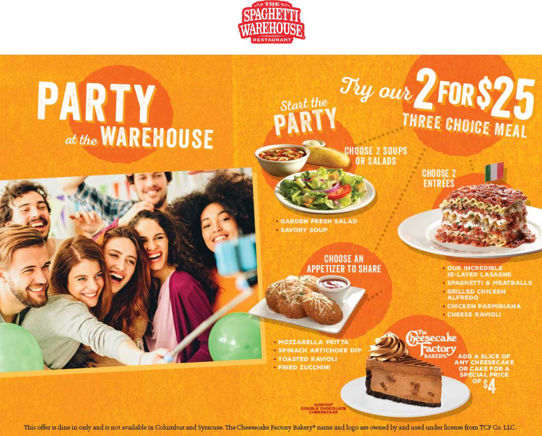 Spaghetti Warehouse Coupon April 2024 2 entrees + 2 soup or salads + appetizer = $25 at Spaghetti Warehouse