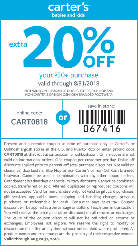 Carters Coupon April 2024 Extra 20% off $50 at Carters, or online via promo code CART0818