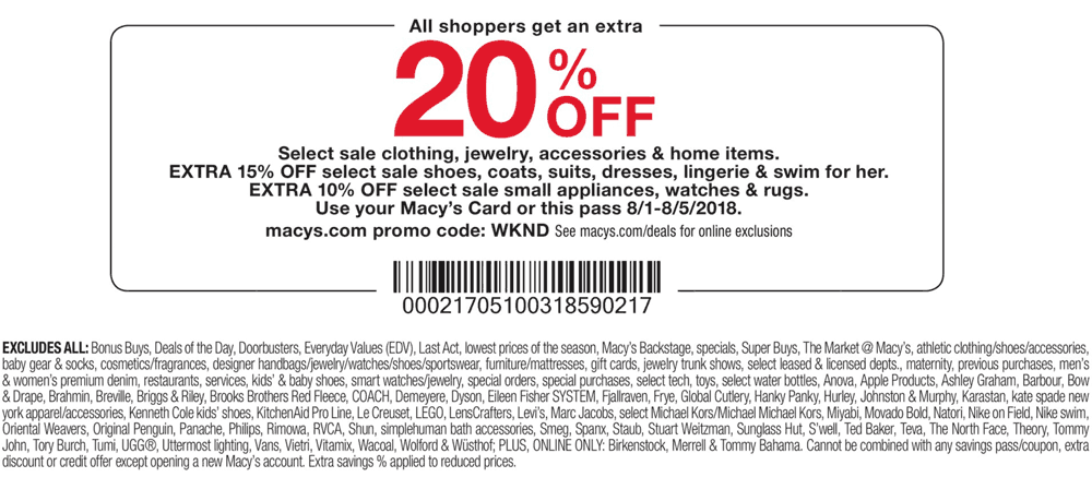 Macys Coupon March 2024 20% off at Macys, or online via promo code WKND