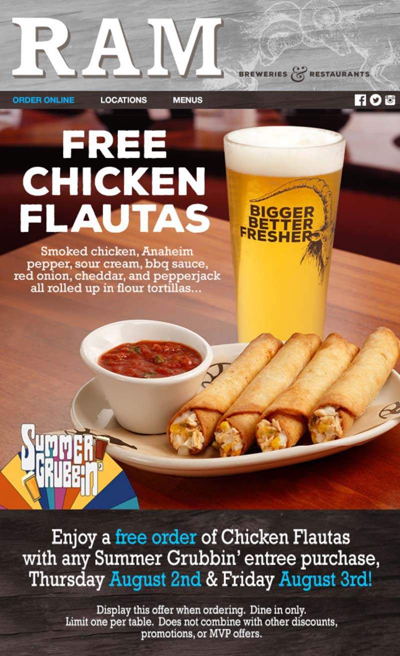 RAM Coupon March 2024 Free chicken flautas with your entree today at RAM breweries & restaurants