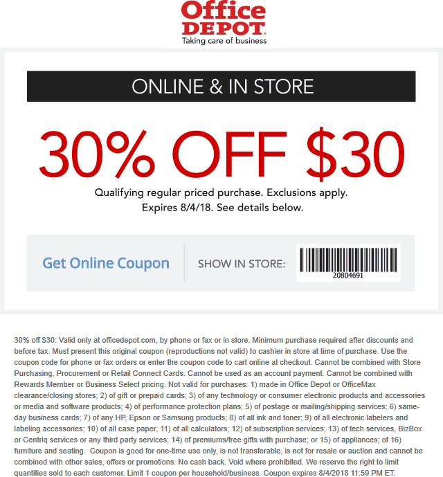 Office Depot Coupon April 2024 30% off $30 today at Office Depot, or online via promo code 20804691