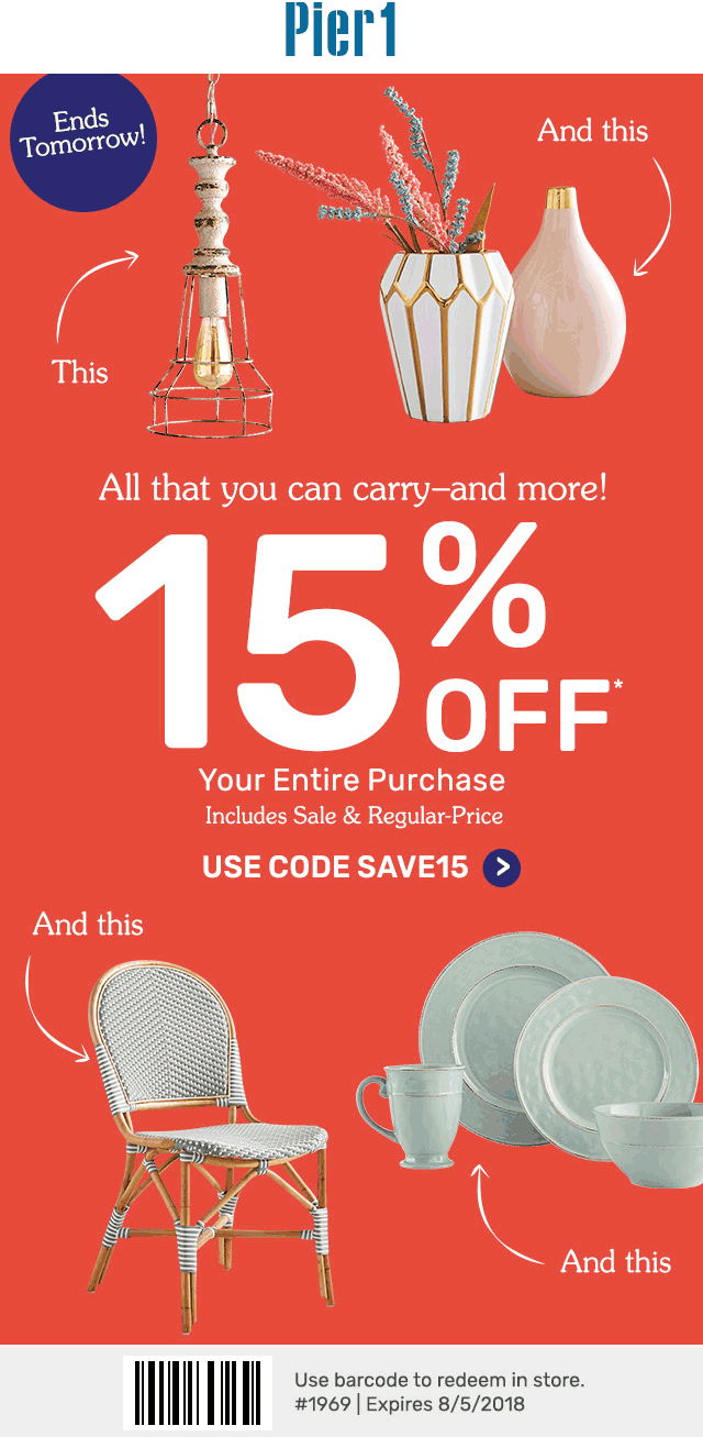 Pier 1 Coupon April 2024 15% off today at Pier 1 Imports, or online via promo code SAVE15