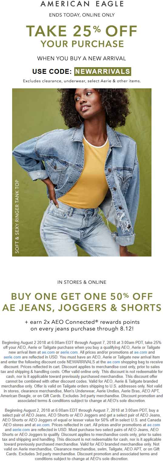 American Eagle Coupon April 2024 25% off new arrivals online today at American Eagle via promo code NEWARRIVALS