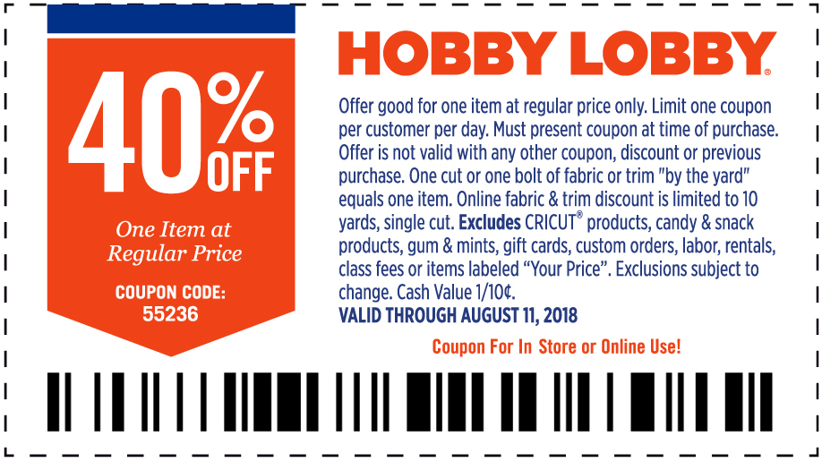 Hobby Lobby Coupon April 2024 40% off a single item at Hobby Lobby, or online via promo code 55236