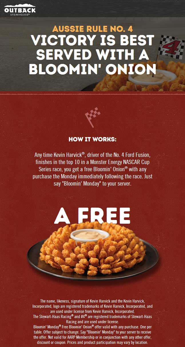 Outback Steakhouse Coupon April 2024 Free bloomin onion today at Outback Steakhouse restaurants