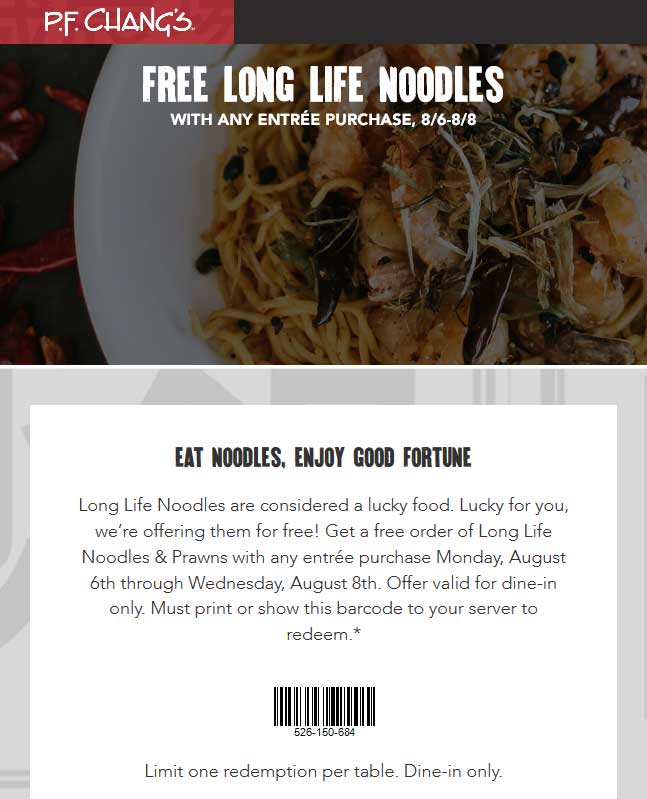 P.F. Changs Coupon April 2024 Free long life noodles with your entree at P.F. Changs
