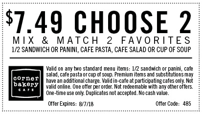 Corner Bakery Coupon April 2024 Choose 2 for $7.49 today at Corner Bakery Cafe