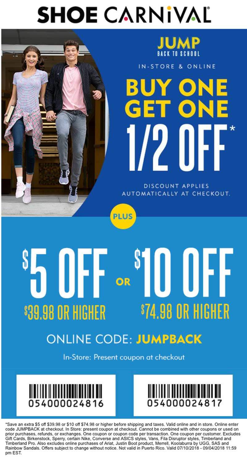 Shoe Carnival Coupon April 2024 $5 off $40 + second pair 50% off at Shoe Carnival, or online via promo code JUMPBACK