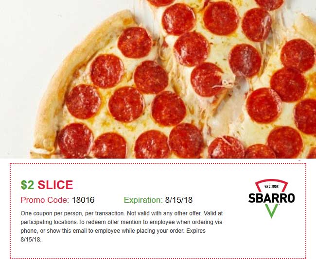 Sbarro Coupon April 2024 $2 slice at Sbarro pizza