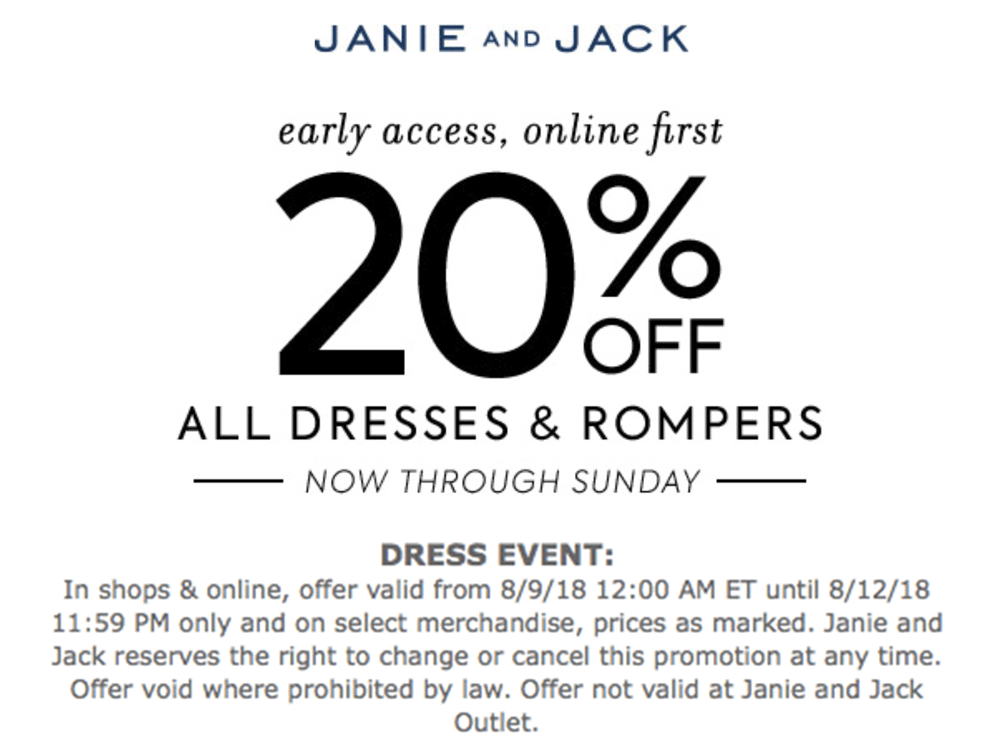 Janie and Jack Coupon March 2024 20% off dresses at Janie and Jack, ditto online