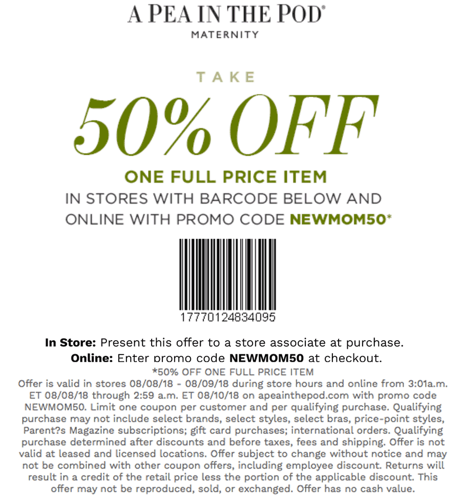 A Pea in the Pod Coupon April 2024 50% off a single item today at A Pea in the Pod maternity, or online via promo code NEWMOM50