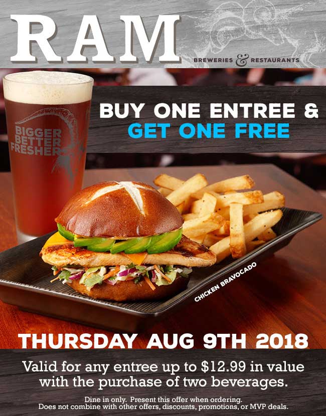 RAM Coupon April 2024 Second entree free today at RAM restaurants