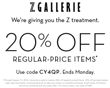 Z Gallerie Coupon March 2024 20% off at Z Gallerie, or online via promo code CY4QP