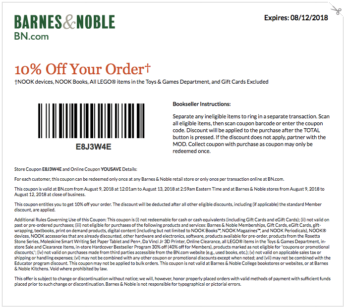 Barnes & Noble Coupon April 2024 10% off at Barnes & Noble, or online via promo code YOUSAVE