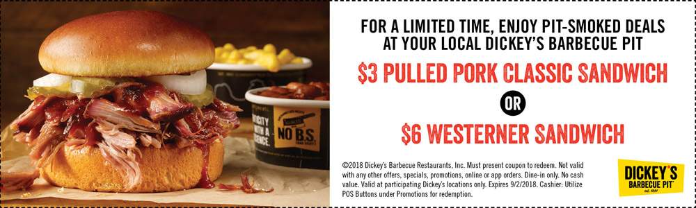 Dickeys Barbecue Pit Coupon April 2024 $3 pulled pork sandwich at Dickeys Barbecue Pit
