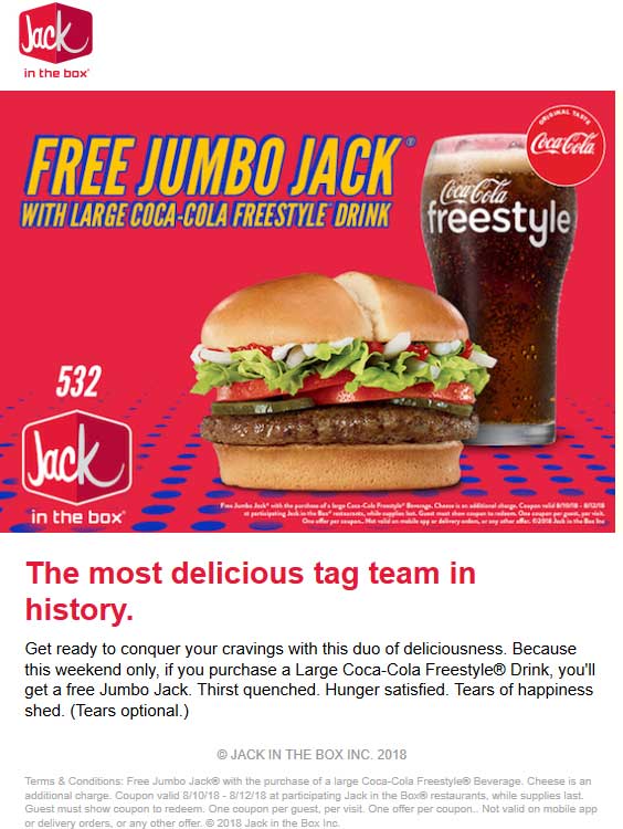 Jack in the Box Coupon April 2024 Free burger with your drink at Jack in the Box