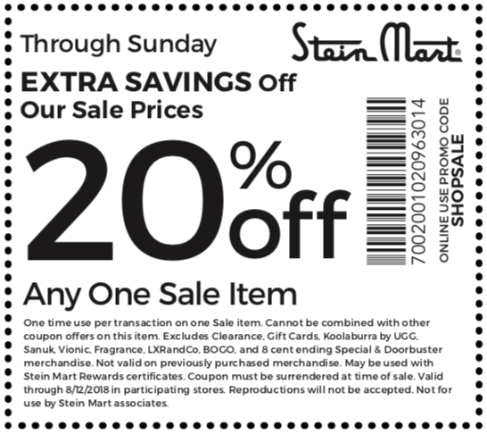 Stein Mart Coupon April 2024 Extra 20% off a sale item at Stein Mart, or onlilne via promo code SHOPSALE