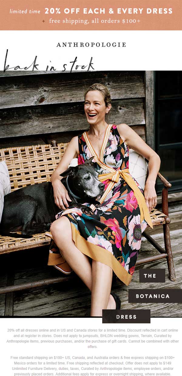 Anthropologie Coupon April 2024 20% off dresses at Anthropologie, ditto online