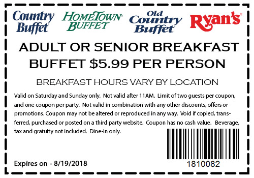 Hometown Buffet Coupon April 2024 $6 breakfast buffet at HomeTown Buffet, Ryans & Old Country Buffet