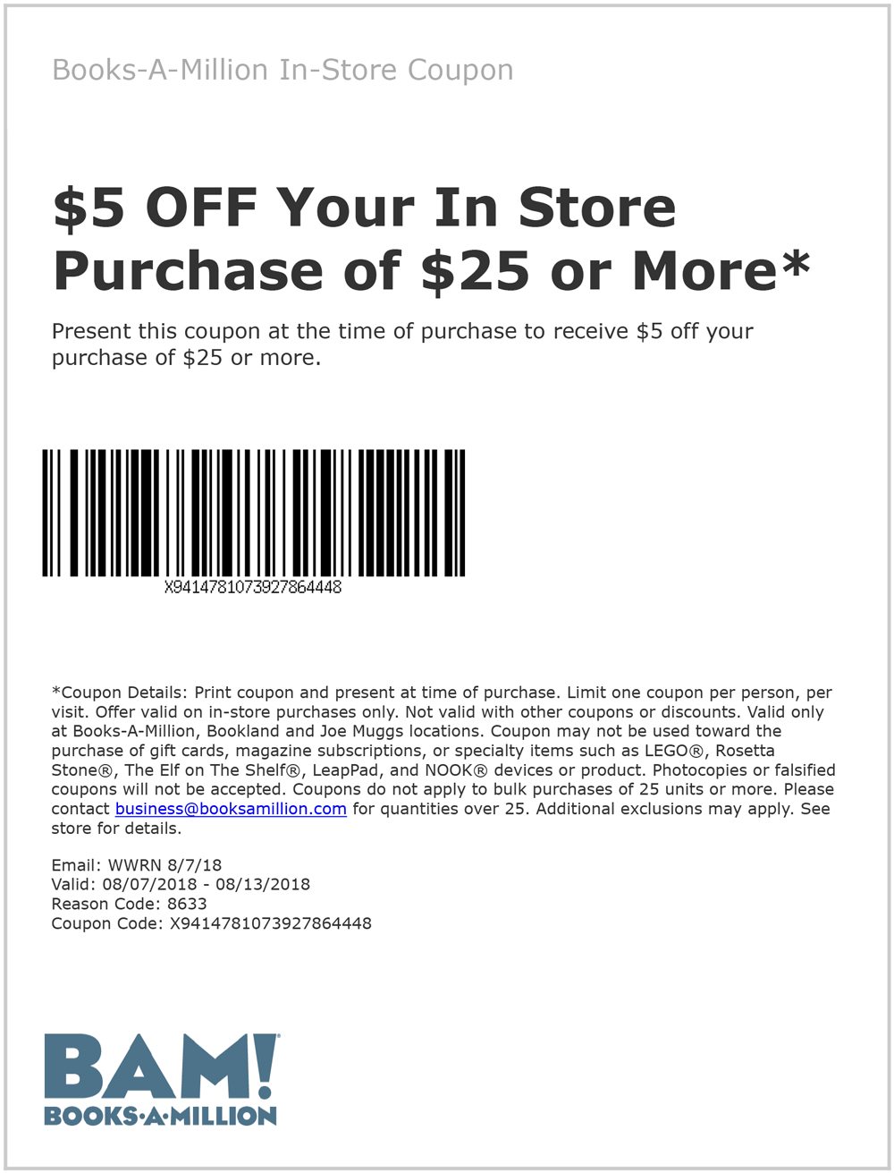 Books-A-Million Coupon March 2024 $5 off $25 at Books-A-Million
