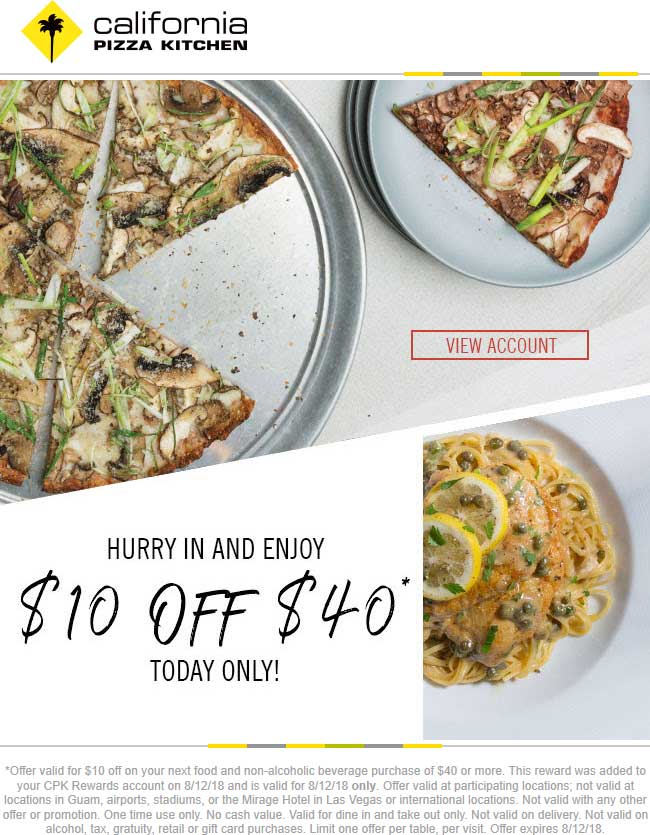 California Pizza Kitchen Coupon March 2024 $10 off $40 today at California Pizza Kitchen restaurants