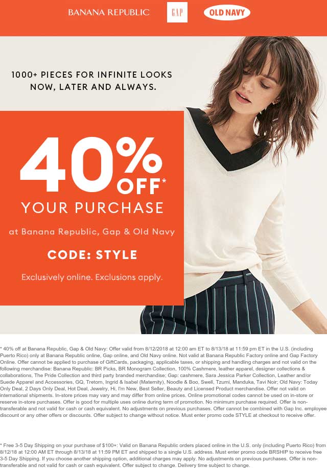 Old Navy Coupon March 2024 40% off online at Gap, Banana Republic & Old Navy via promo code STYLE