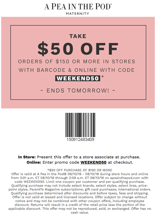 A Pea in the Pod Coupon April 2024 $50 off $150 today at A Pea in the Pod, or online via promo code WEEKEND50