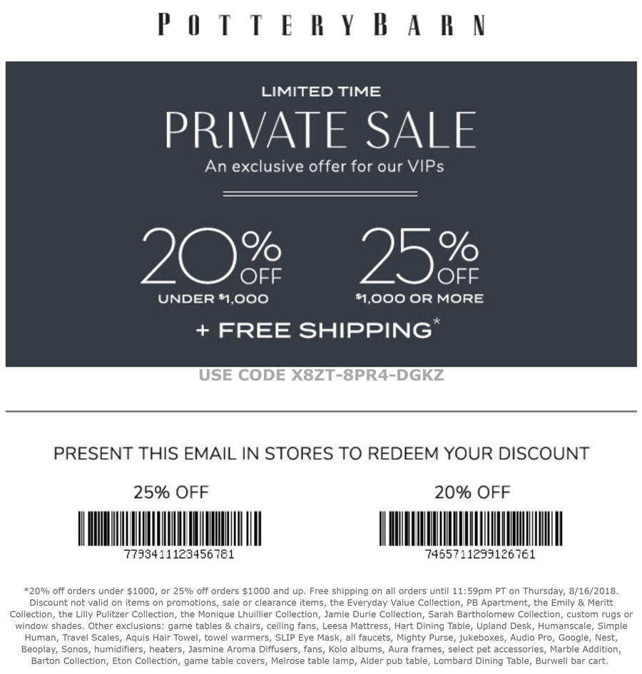 Pottery Barn Coupon March 2024 20-25% off at Pottery Barn, or online via promo code X8ZT-8PR4-DGKZ