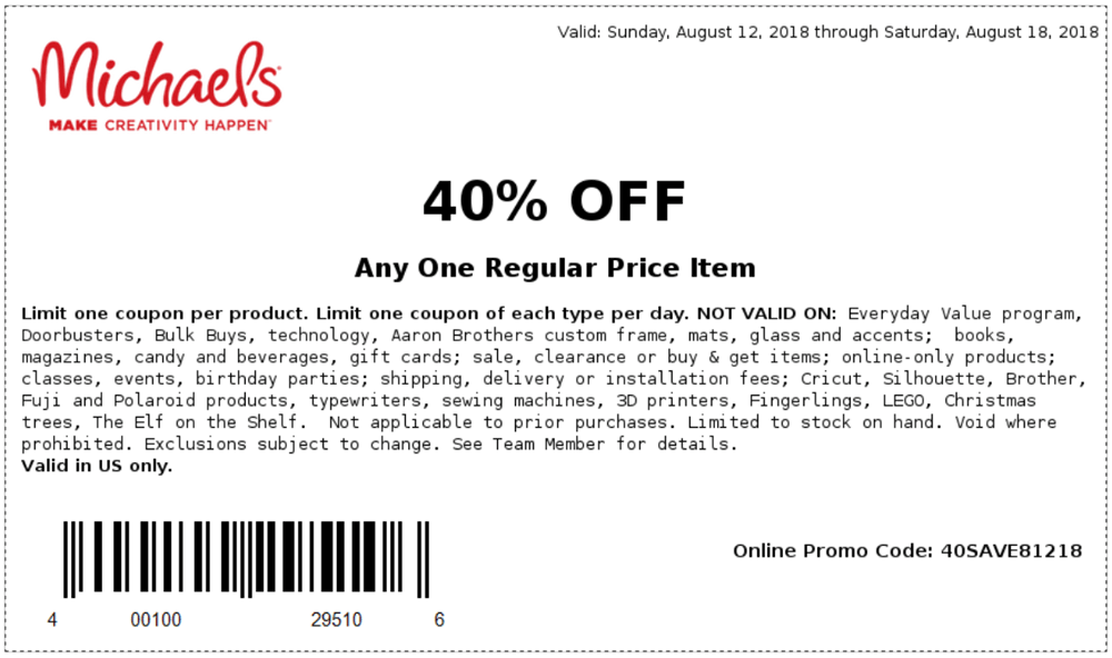 Michaels Coupon April 2024 40% off a single item at Michaels, or online via promo code 40SAVE81218