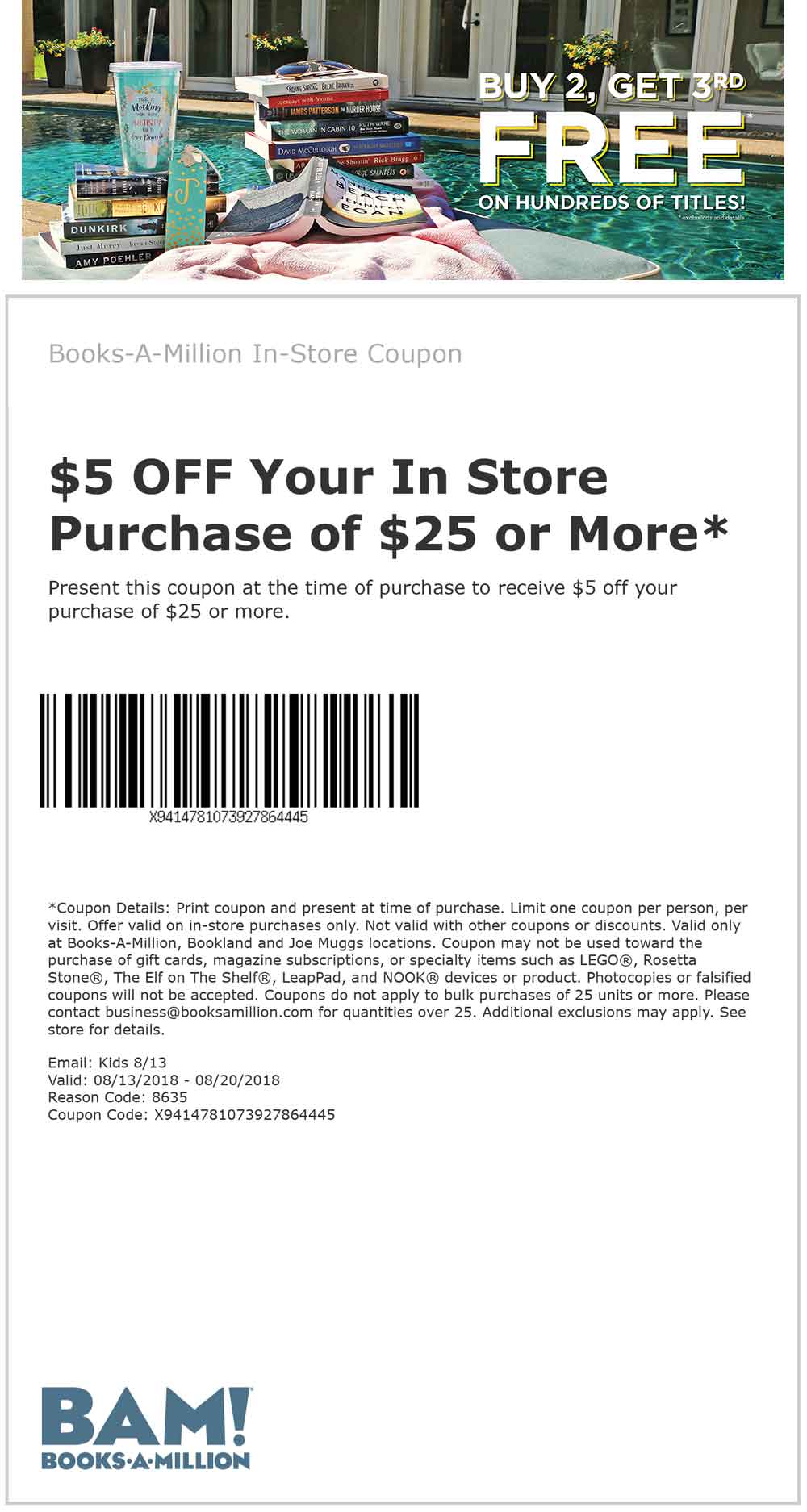 Books-A-Million Coupon March 2024 $5 off $25 at Books-A-Million, or $10 off $50 online via promo code BAM50
