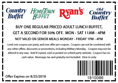 Hometown Buffet Coupon March 2024 Second lunch buffet 50% off at Ryans, HomeTown Buffet & Old Country Buffet
