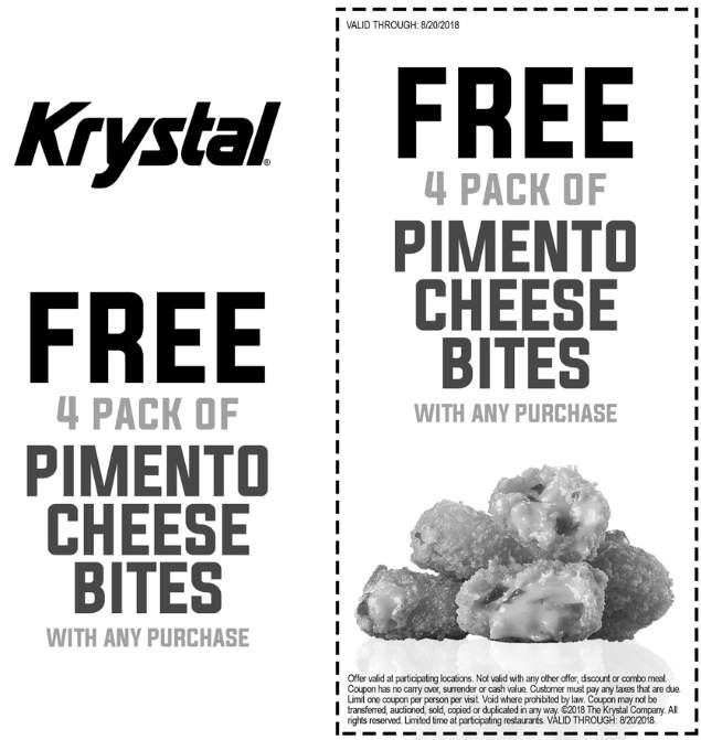 Krystal Coupon March 2024 Free pimento cheese bites with any purchase at Krystal restaurants